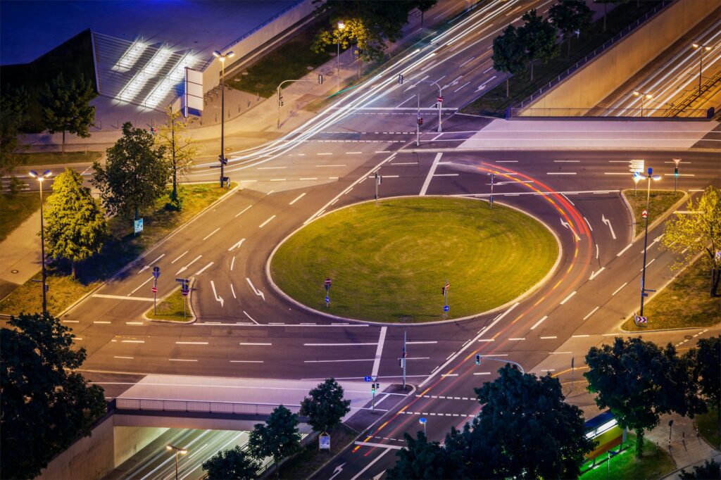 Elevated view of German road junction. Munich, Bavaria, Germany